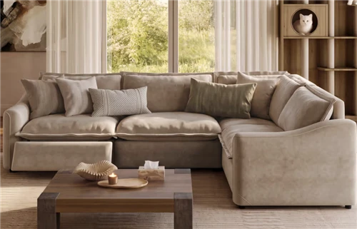 Luxury L-Shape Sofa: Cov khoom siv zoo thiab ua tiav